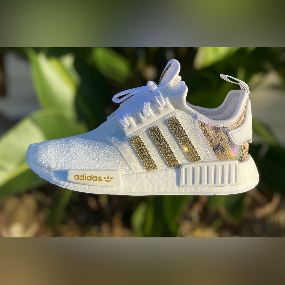 Adidas NMD R1 Floral Crocodile Boost white knit custom gold rhinestones bling